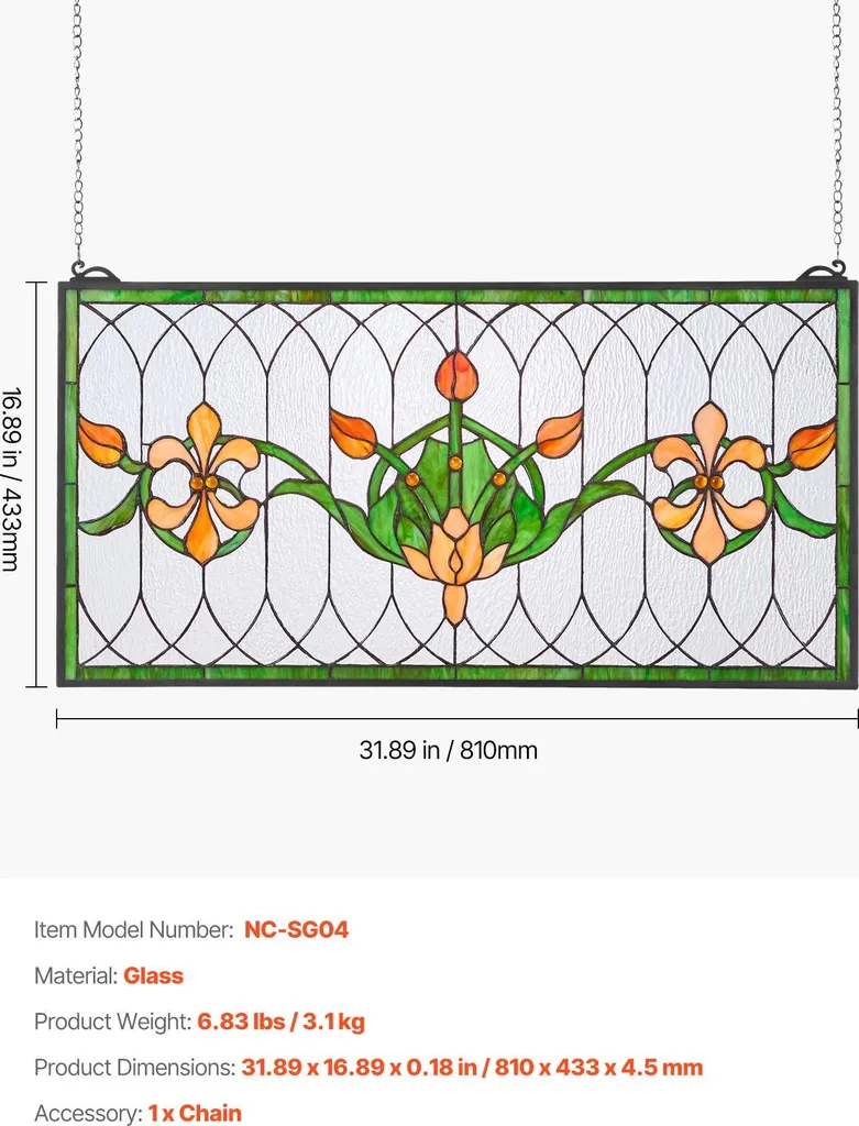 Vitrail Tiffany Multicolore avec Chaîne de Suspension - Format 81x43 - 7