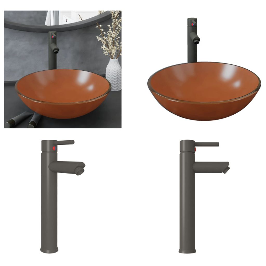 vidaXL Badezimmer Waschbecken mit Wasserhahn und Ablaufgarnitur Braun Gehärtetes Glas - Waschbecken - Spülbecken - Waschtisch - Gehärtetes Glas