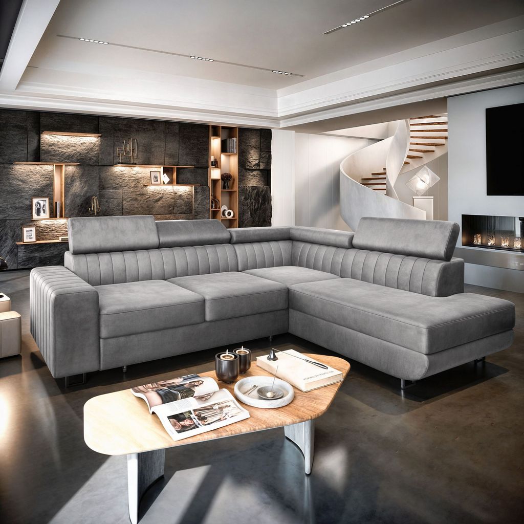 A modern living room with a large sectional sofa, coffee table, and spiral staircase.