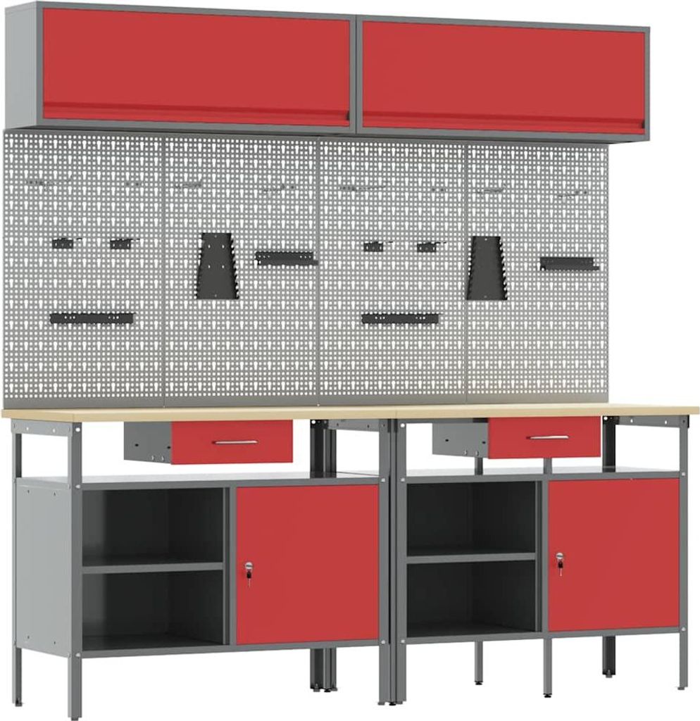 vidaXL Werkbank-Set 8 pcs Rot und Grau Pulverbeschichteter Stahl