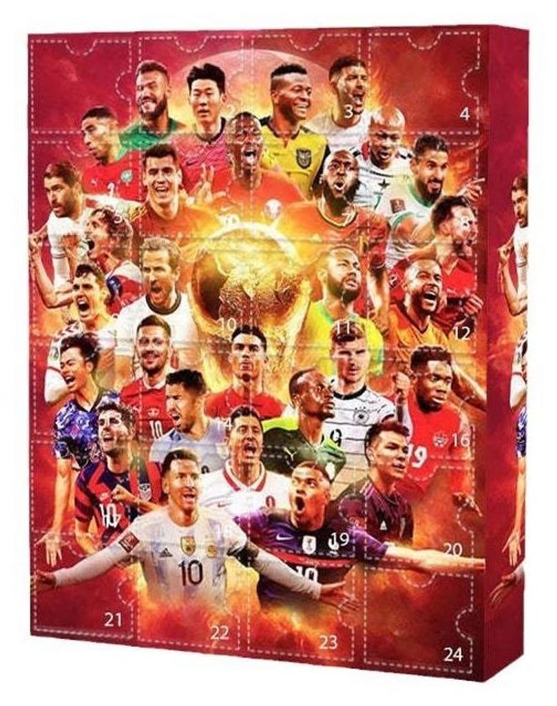 A collage of soccer players on a red, fiery background, with numbers indicating advent calendar days.