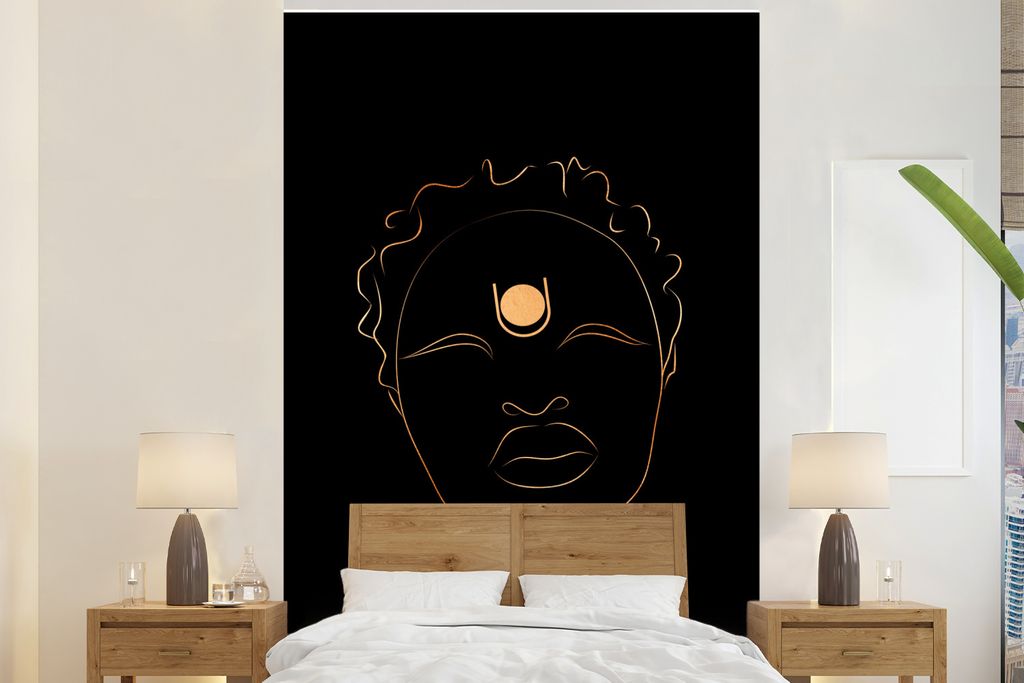 MuchoWow Fototapete für Wohnzimmer oder Schlafzimmer Wandtapete Vinyl Motivtapete Frau - Gold - Schwarz - Strichzeichnung - 170x260 cm - Wohnzim...
