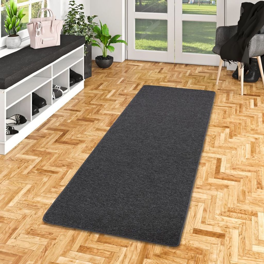 Feinschlingen Läufer Velour Teppich Strong Schwarz Grau, Größe:80x320 cm