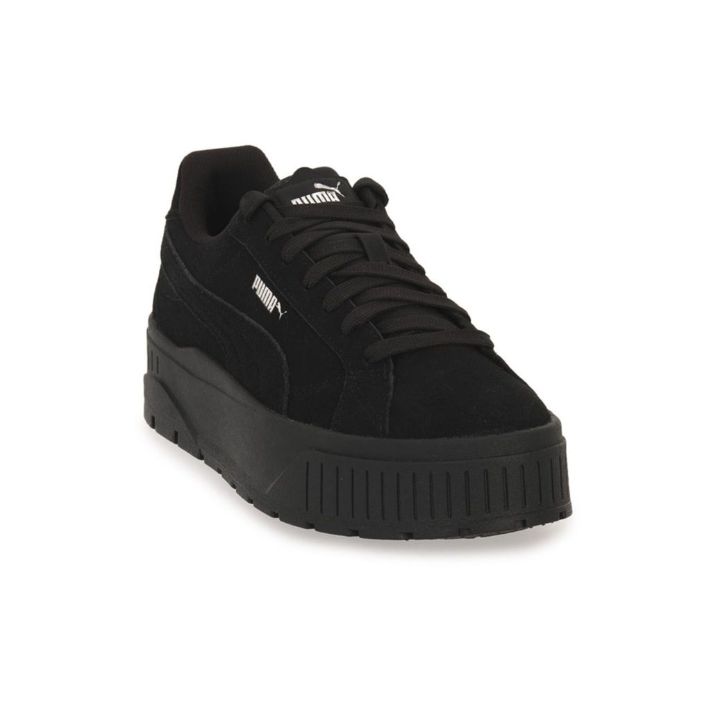 A black Puma sneaker with a platform sole is shown against a white background.