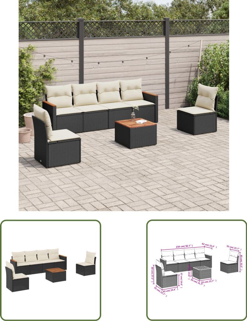 The Living Store 7-tlg. Garten-Sofagarnitur mit Kissen Schwarz Poly Rattan