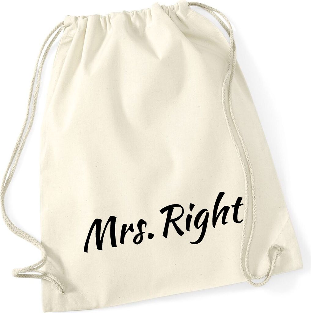 Huuraa Turnbeutel Mrs. Right Schriftzug 12 Liter Natural Baumwolle Rucksack Geschenkidee