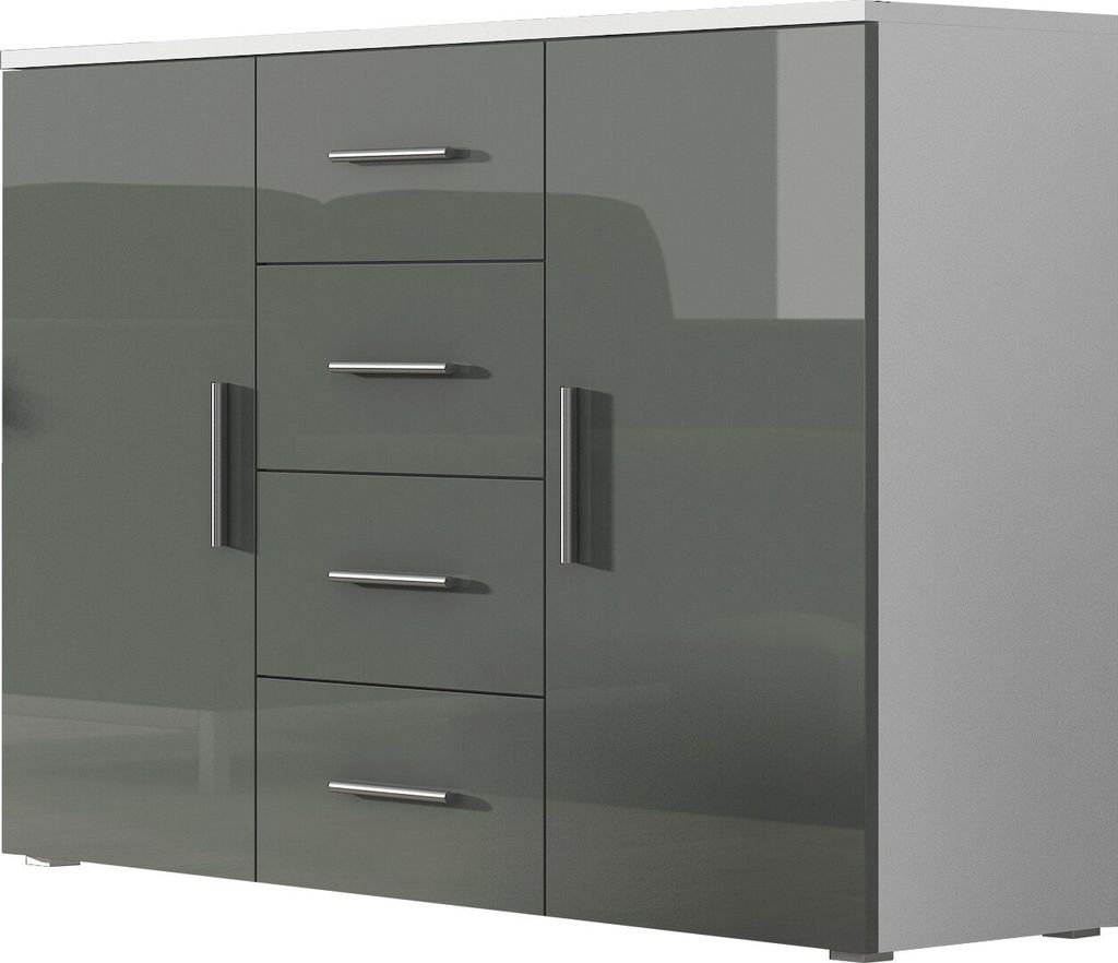 Furniture24 Kommode Uni - SOHO Sideboard mit 4 Schubladen, 2 Türen Weiß/Grau Hochglanz