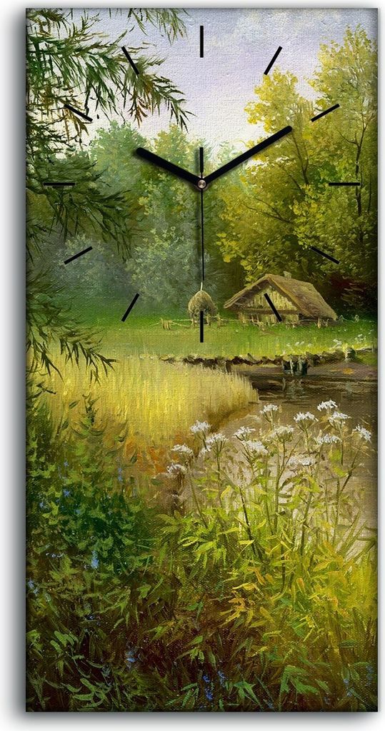 Wandkunst Leinwand Bild Uhr Geräuschlos 30x60 Gemälde Wald Bäume Fluss Natur - schwarze Hände