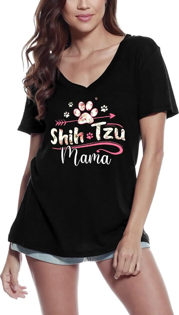 Damen Grafik T-Shirt V-Ausschnitt Shih tzu mama pfote - mutter mutter hundeliebhaber – Shih Tzu Mama Paw - Mother Mom Dog Lover – Öko-Verantwo...