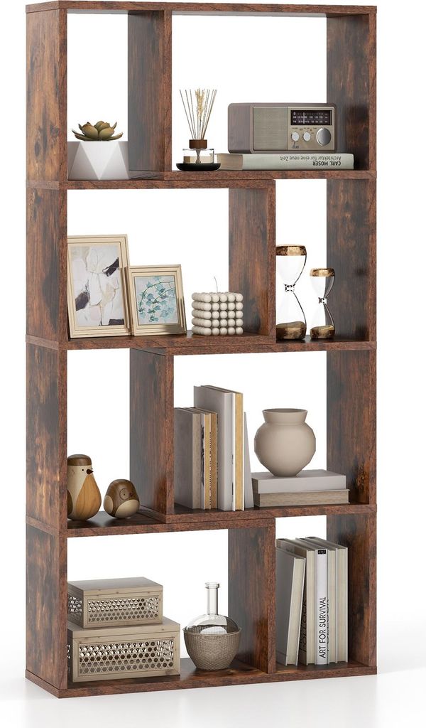 COSTWAY 60x20x120 cm Bücherregal mit 4 Ebenen & 8 Fächern, Standregal, Würfelregal, Regal, Büroregal, Aufbewahrungsregal für Arbeitszimmer Braun