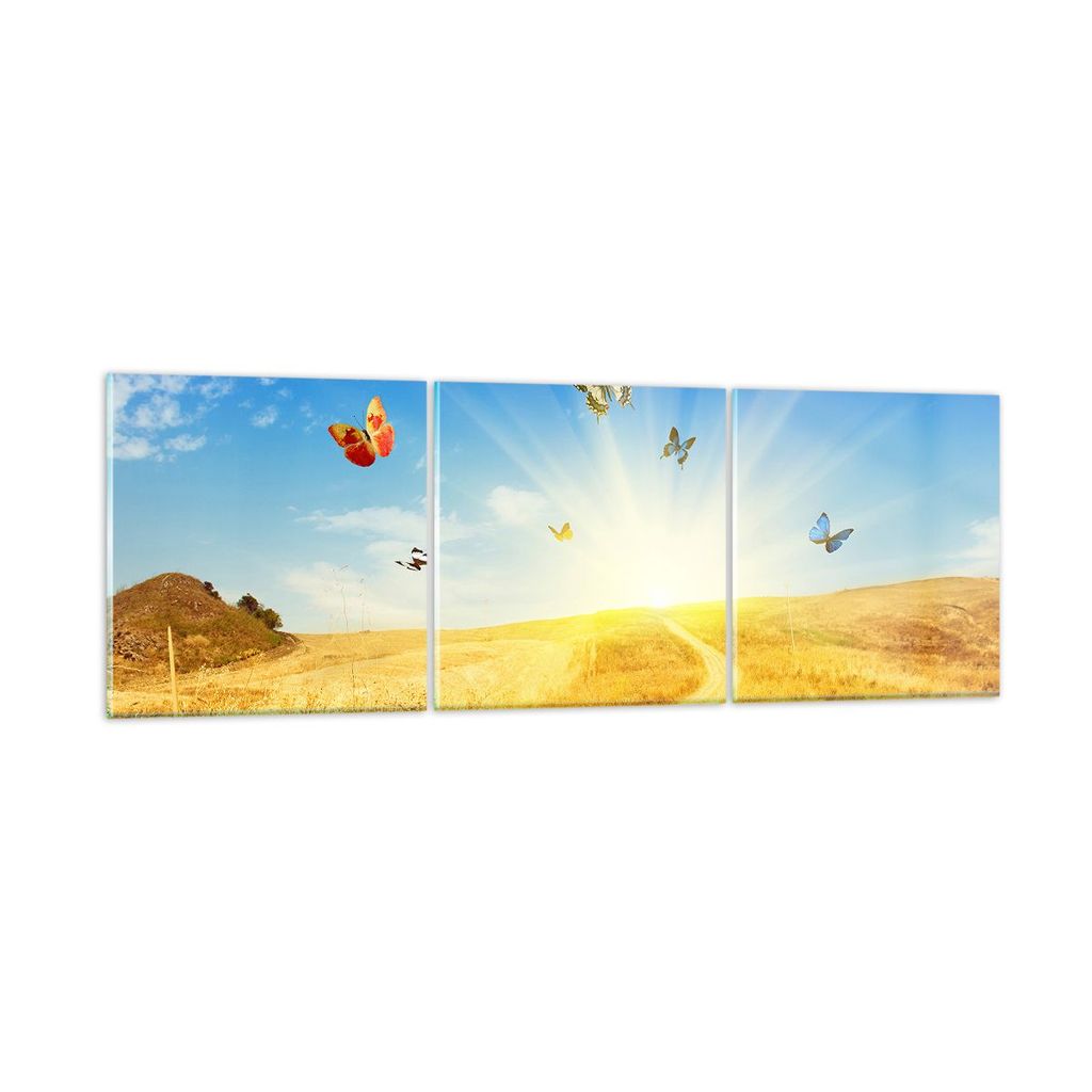 Bilder auf glas - Schmetterlinge Wiese Gras - 90x30cm - Glasbilder - Wandbilder - Kunstdruck - zum Aufhängen bereit - Wanddekoration aus Glas - Gl...