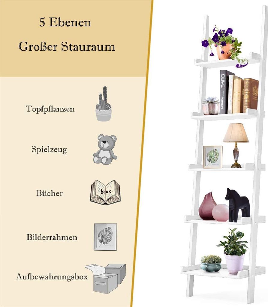 5-stöckiges Leiterregal Aus Metall & Holz, Wandmontiert, 164,3 Cm Hoch, Für Bücher & Deko