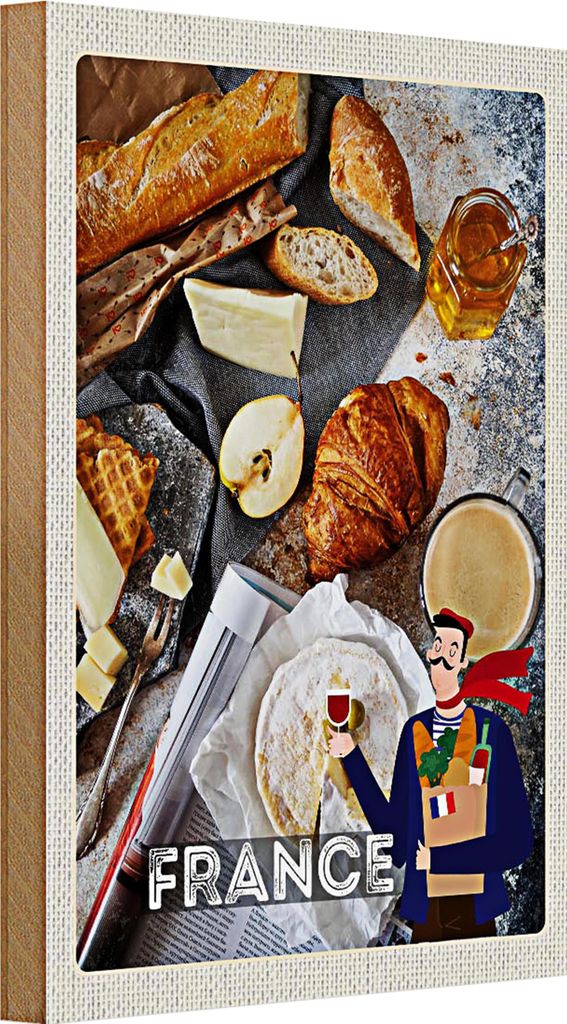 Holzschild Reise 20x30cm Frankreich Käse Baguette Honig Schild