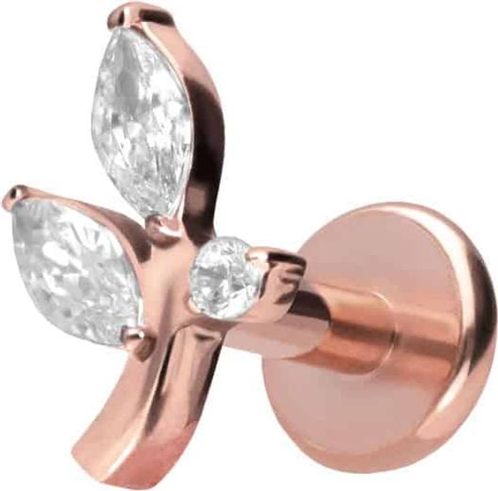 Ohrpiercing, Nasenpiercing Titan Labret mit Push Fit KRISTALLZWEIG RoséGold Stablänge: 6mm | Stabstärke: 1,2mm