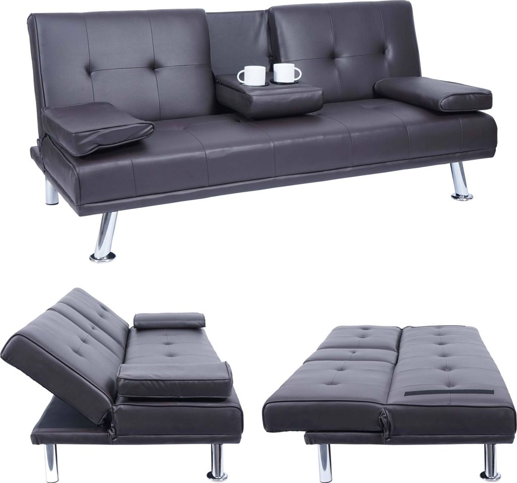 3er-Sofa MCW-F60, Couch Schlafsofa Gästebett, Tassenhalter verstellbar 97x166cm Kunstleder, braun