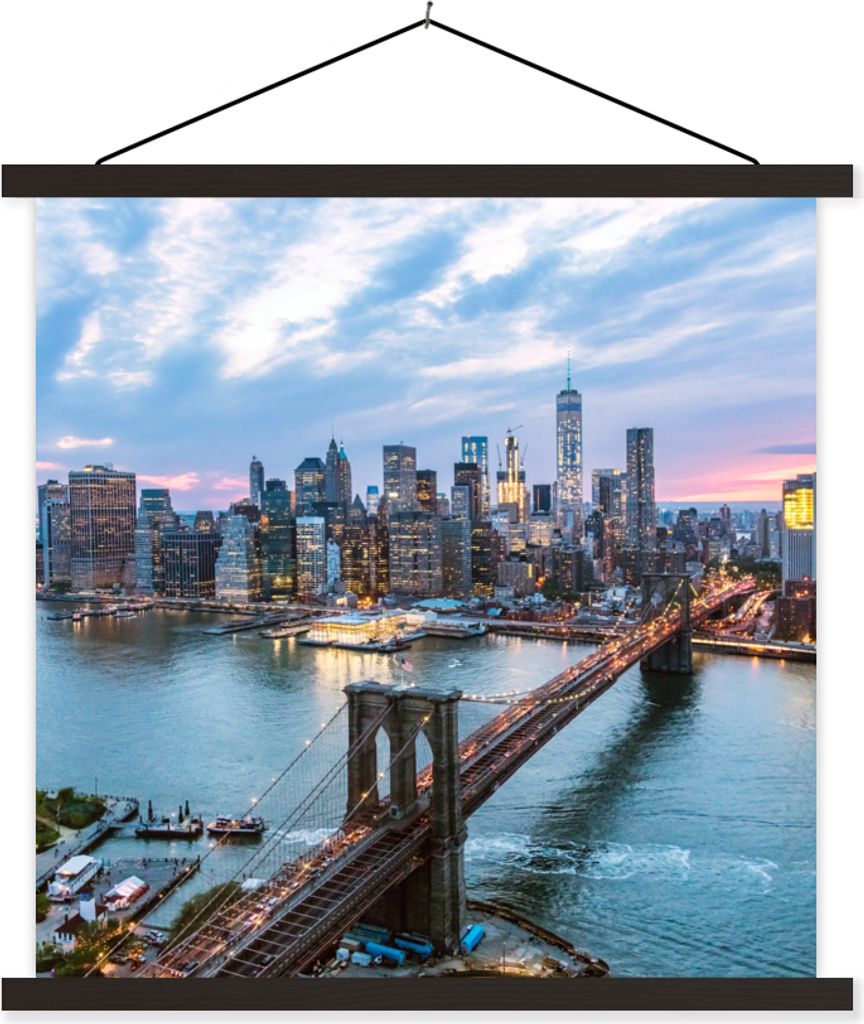 MuchoWow Textilposter New York - Brooklyn Bridge - Boot 120x120 cm mit schwarzem Rahmen - Aufhängungsset