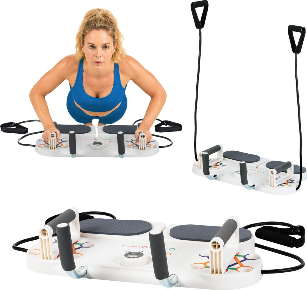 Gymtek Faltbares Liegestütze Brett - Push-up Board - inkl. Expanderbänder - Fitnessgeräte für Zuhause - Liegestützgriffe für Home Gym