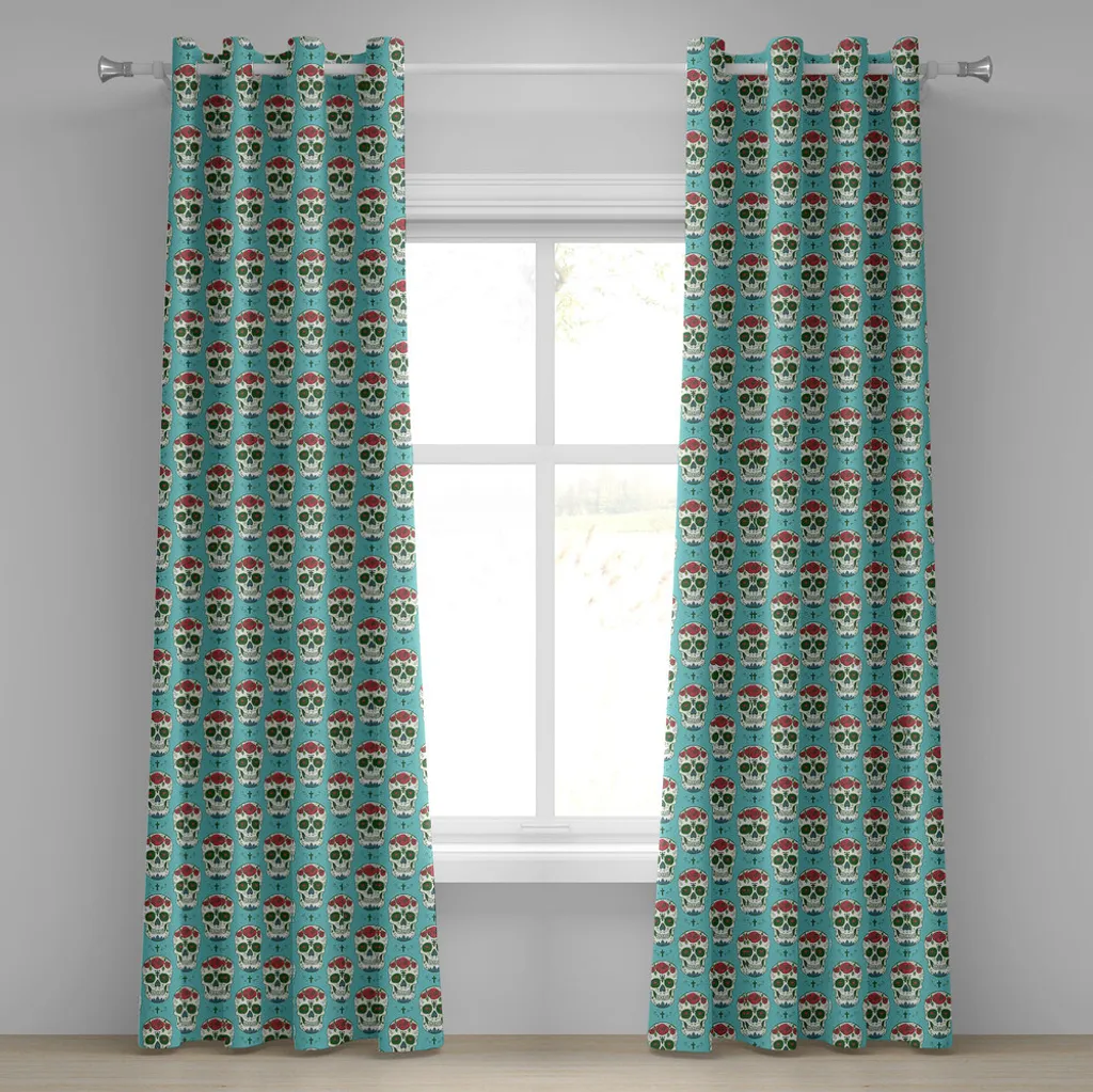 ABAKUHAUS Rideaux à Œillets Crâne et Roses 280x175cm Vert Écume