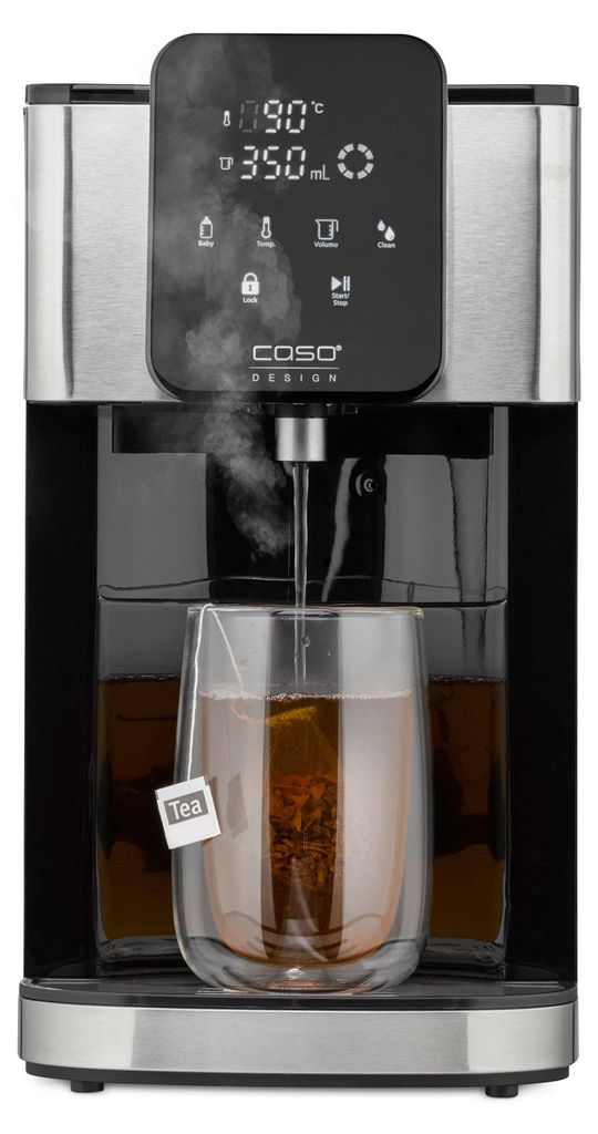 A close-up shot of a hot water dispenser pouring hot water into a glass with a tea bag.
