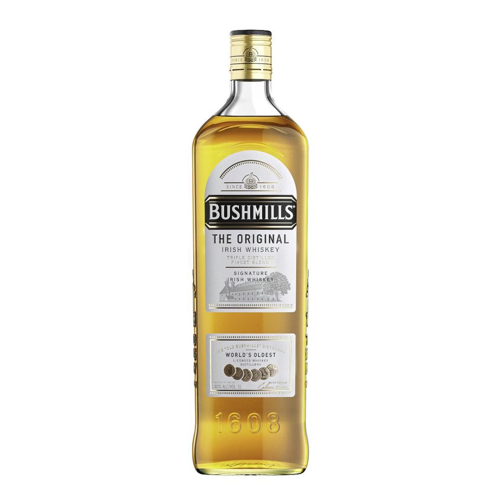 A bottle of Bushmills Original Irish Whiskey.