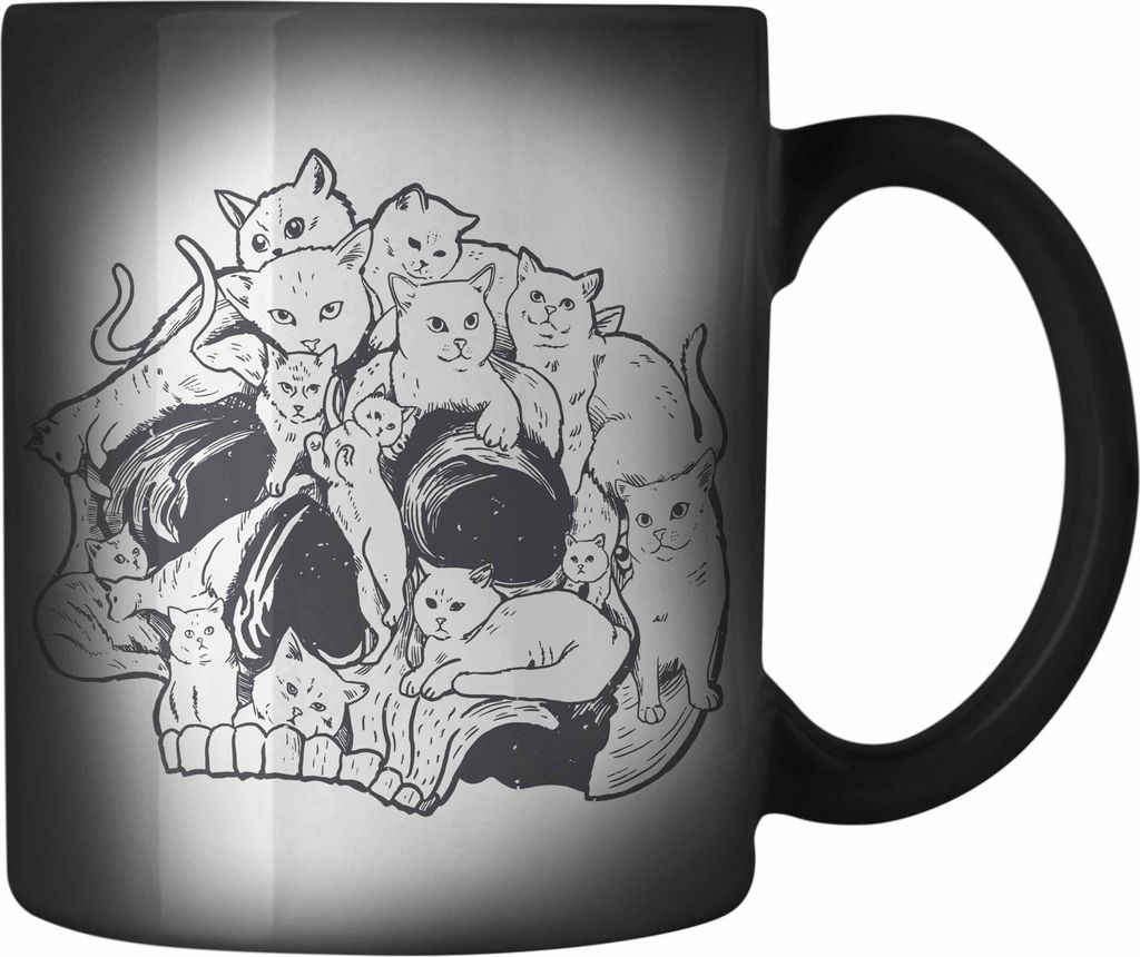 Trendation - Totenkopf Farbwechsel Zauber-Tasse Katzen Kaffee Frauen Mädchen Männer Tattoo Geschenk Damen Idee Grafik Katzenbesitzerin (Schwarz)