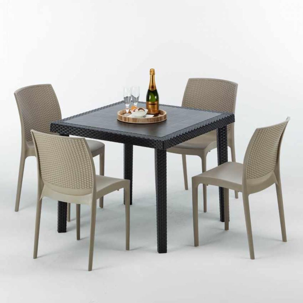 Schwarz Quadratisch Tisch und 4 Stühle Farbiges Polypropylen-Außenmastenset Grand Soleil Boheme Passion - Beige