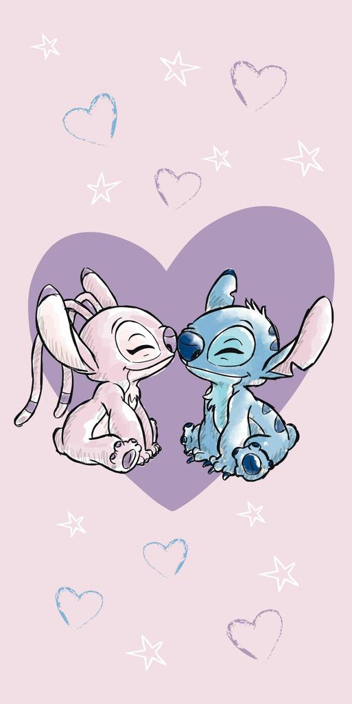 Two cartoon characters, Stitch and Angel, are shown kissing in front of a large purple heart. The background is a light pink with scattered white stars and light blue hearts.