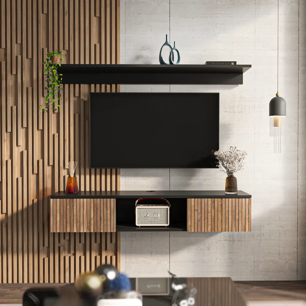 Banc TV Noir Decorotika Elia de 140cm pour Grand Téléviseur de 60''