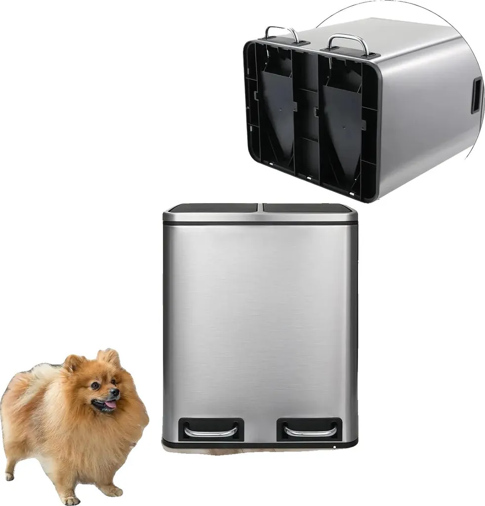 Poubelle double compartiment 30L couvercle fermeture douce - Modèle Inox