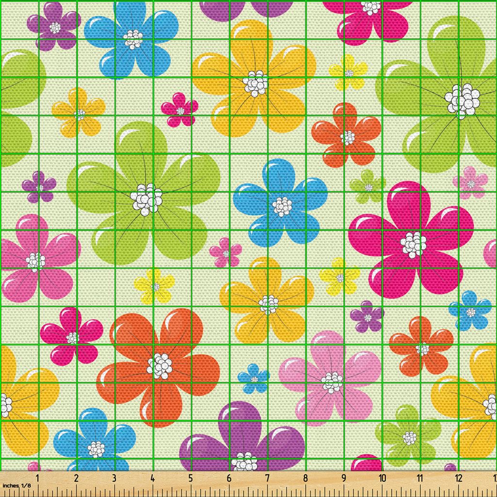 ABAKUHAUS Bunt Gewebe als Meterware, Sixties inspirierte bunte Blumen-Hippie-Motive, die Natur-Illustration blühen, 5 M (148 x 500 cm), Mehrfarbig