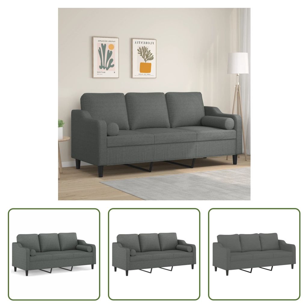 The Living Store 3-Sitzer-Sofa mit Zierkissen Dunkelgrau 180 cm Stoff