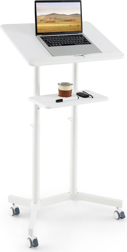 Mobiler Laptop-Stehtisch, Mehrzweck-Arbeitsplatz mit Höhenverstellung, Ablagefläche, kippbarer Tischplatte & feststellbaren Rollen, Rednerpult, W...