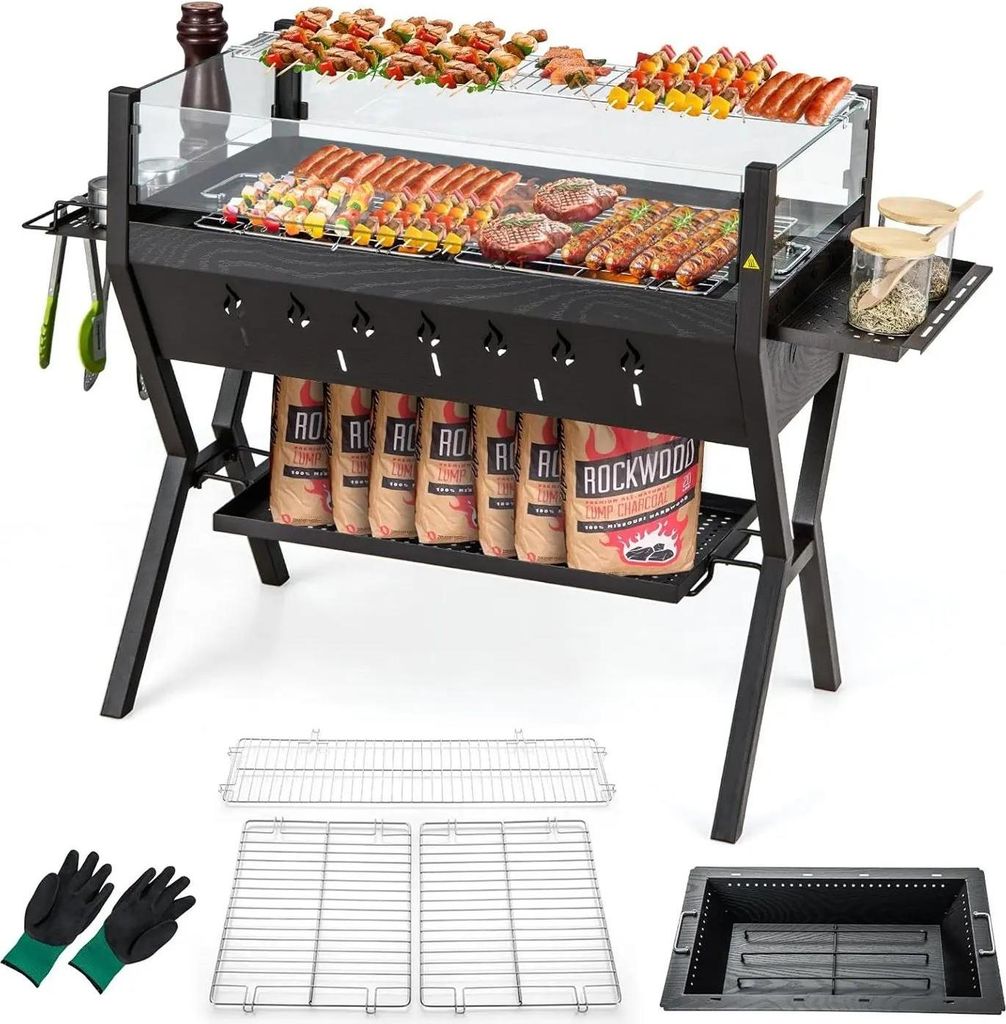 BBQ-Grill - Holzkohlegrill - Windschutz - Gewürzablagen & Ablage - Grillfläche aus Edelstahl - Mit Grillhandschuhen - Braun