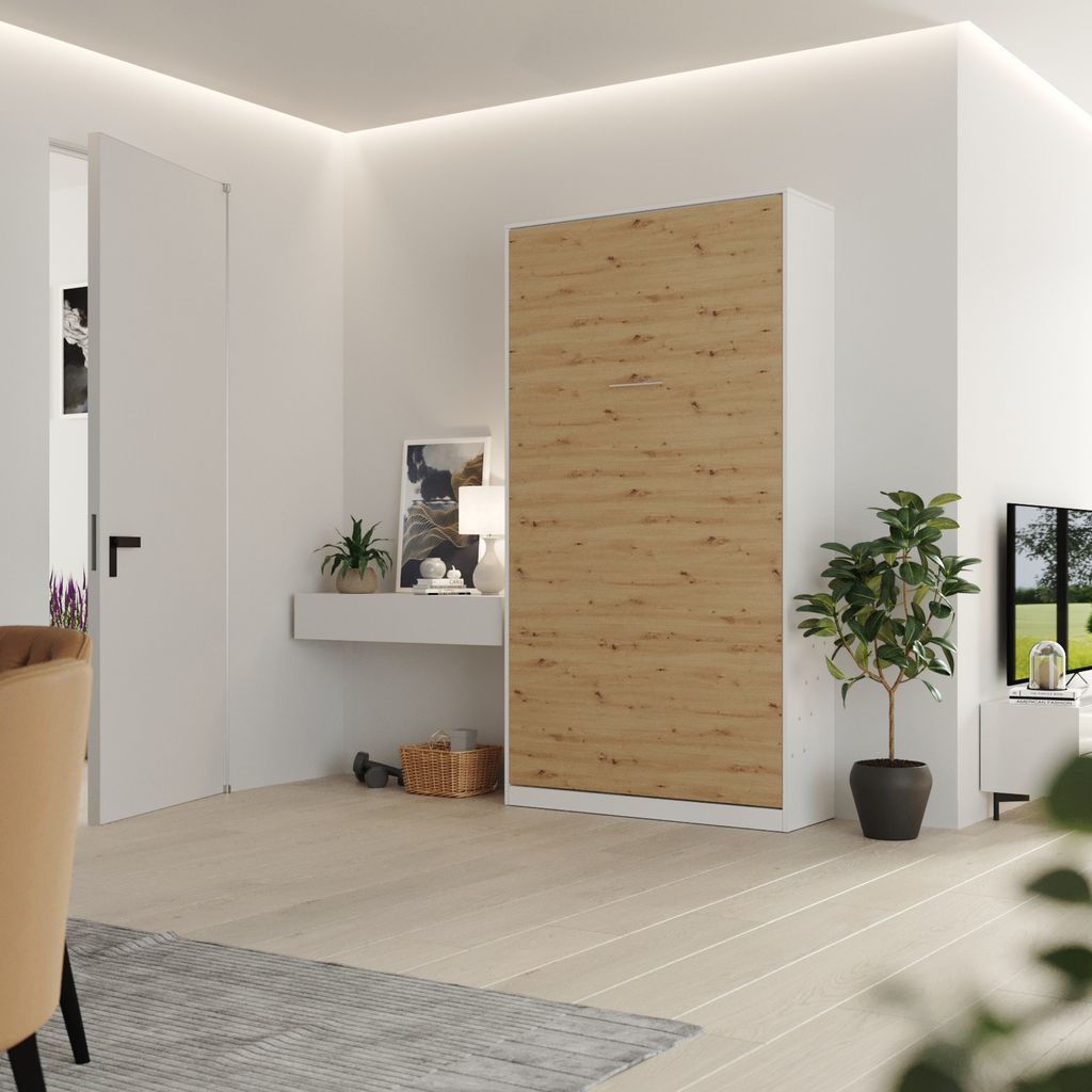 Schrankbett Classico 100x200 cm Vertikal Weiß/Wildeiche mit GASDRUCKFEDERN