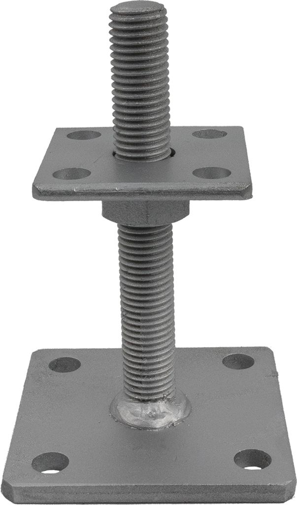 A metal post support with an adjustable threaded rod and base plate.
