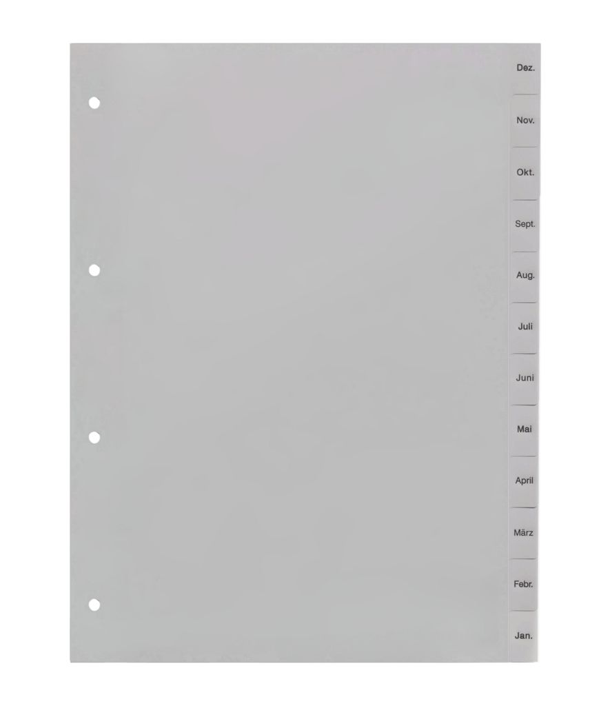 europrotokoll Ordnerregister Dez.-Jan., neutral, ohne Deckblatt, 12-teilig, DIN A4, Register aus PP, strapazierfähige Trennblätter für Ordner, grau