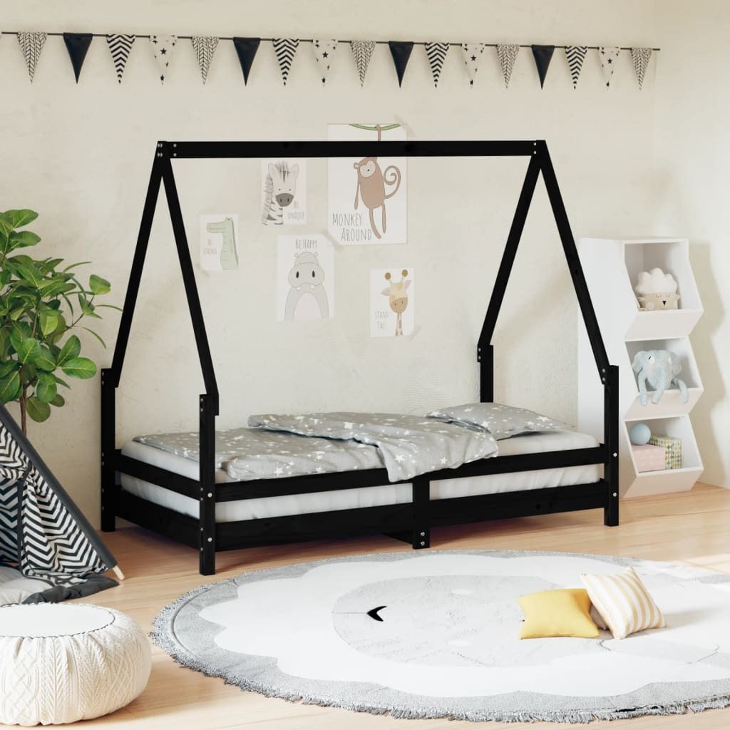 (Robust Möbel)Kinderbett - elegantes Design - Einzelbett, Jugendbett - Schwarz 80x160cm Massivholz Kiefer DE867473 - Kinderbetten