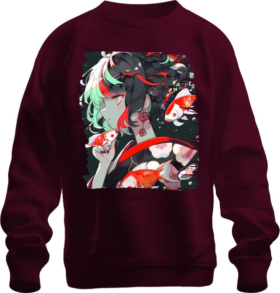 Anime Mädchen im Kimono Koi Karpfen Japanische Kunst Illustration Uni Sweatshirt Pullover, Burgundy, S