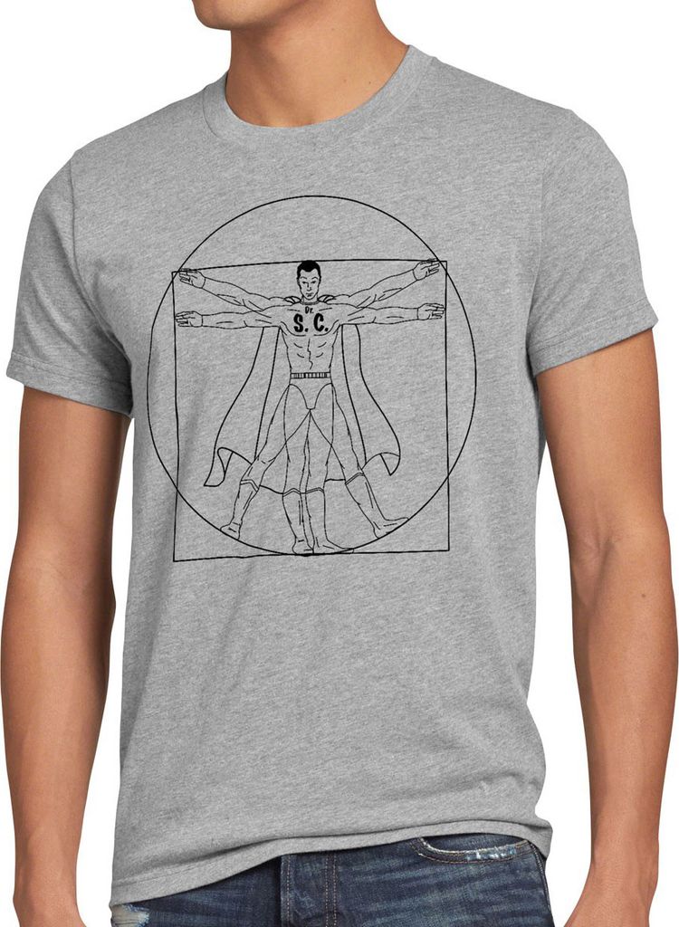 style3 Super-Sheldon Herren T-Shirt Vitruvianischer Mensch, Größe:4XL, Farbe:Grau meliert