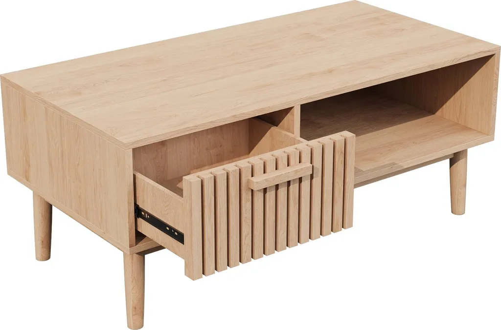 Table Basse en Bois 100x50x43 cm avec Tiroirs et Rangement Ouvert