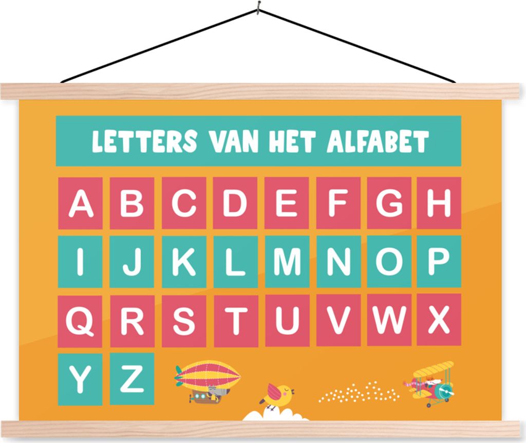 MuchoWow Textilposter Kinderzimmer - Alphabet - Bildung - Mädchen - Jungen - Kinder 120x80 cm mit holzfarbenen Rahmen - Aufhängeset