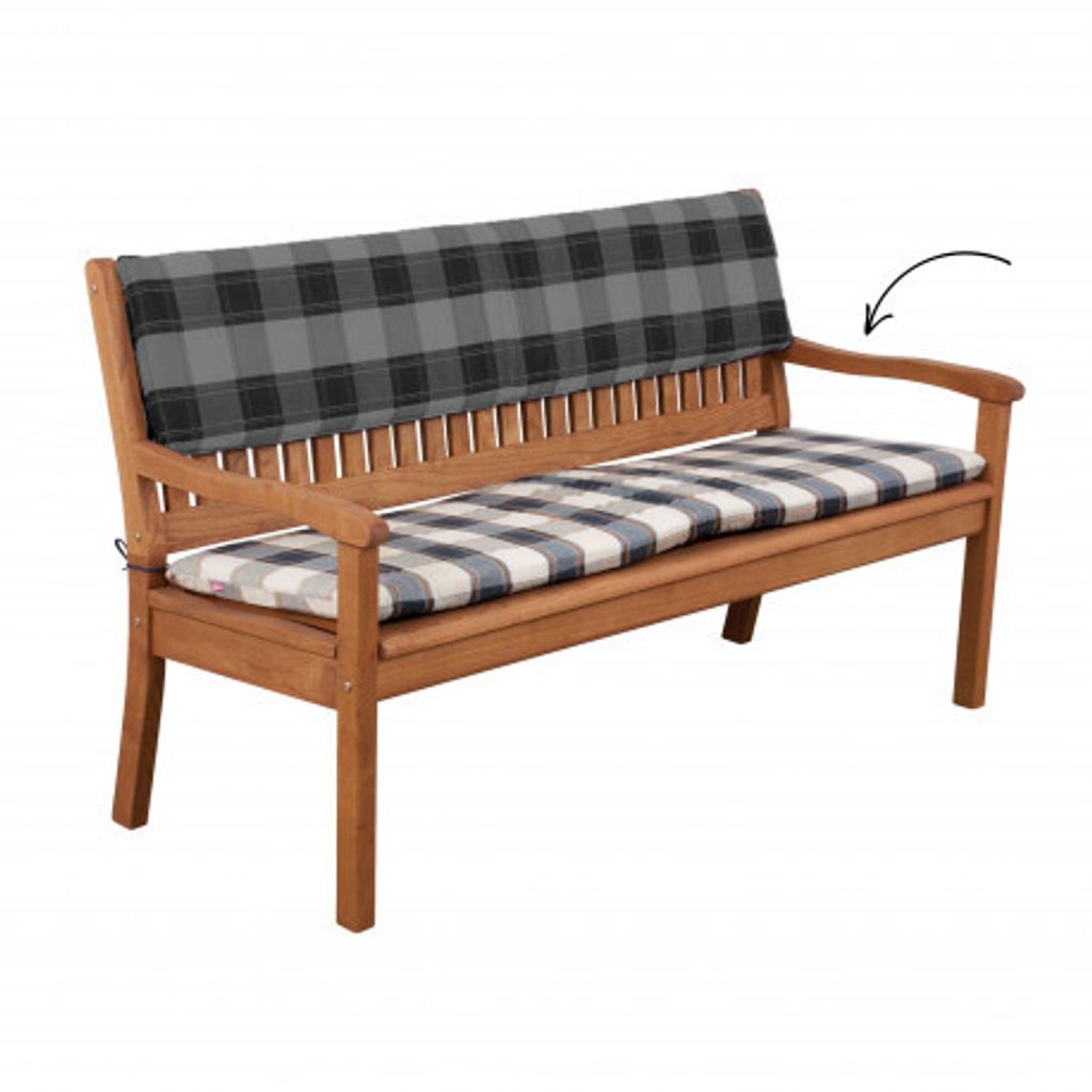 A wooden bench with cushions on a white background.