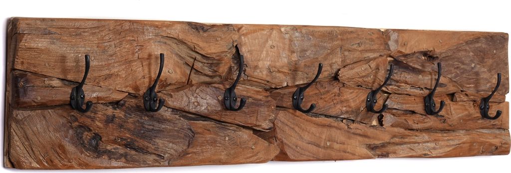 A rustic wooden coat rack with black metal hooks mounted on a white background.