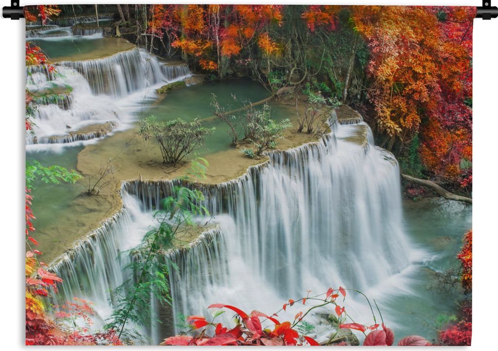 MuchoWow Wandteppich Wandbehang Bäume - Wasserfall - Herbst - Natur 120x90 cm Tapisserie Dekoration Wandtuch - Wohnen - Aufhänger für die Wand