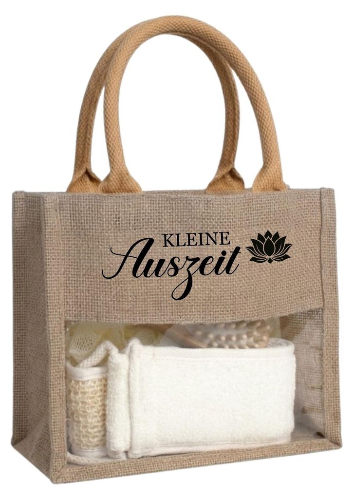 Personalisiertes Wellness Geschenkset für Frauen, Komplett Wellnessbox inkl. Inhalt, Jutetasche kleine Auszeit, Geschenk Gutschein Verpackung Mama...