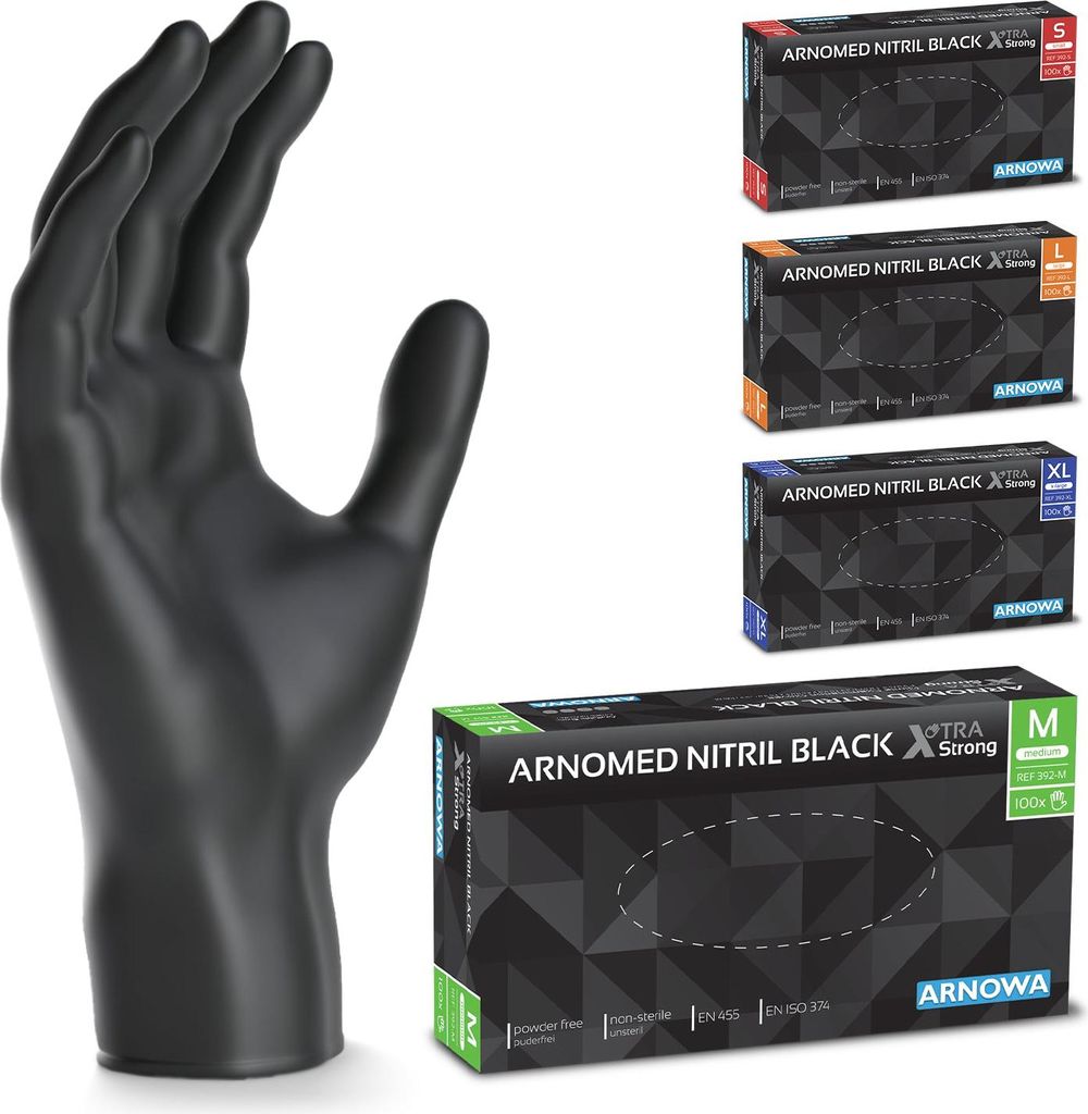ARNOMED Nitril Handschuhe in Schwarz, Größe XS, reißfest | Box (100 Stück)