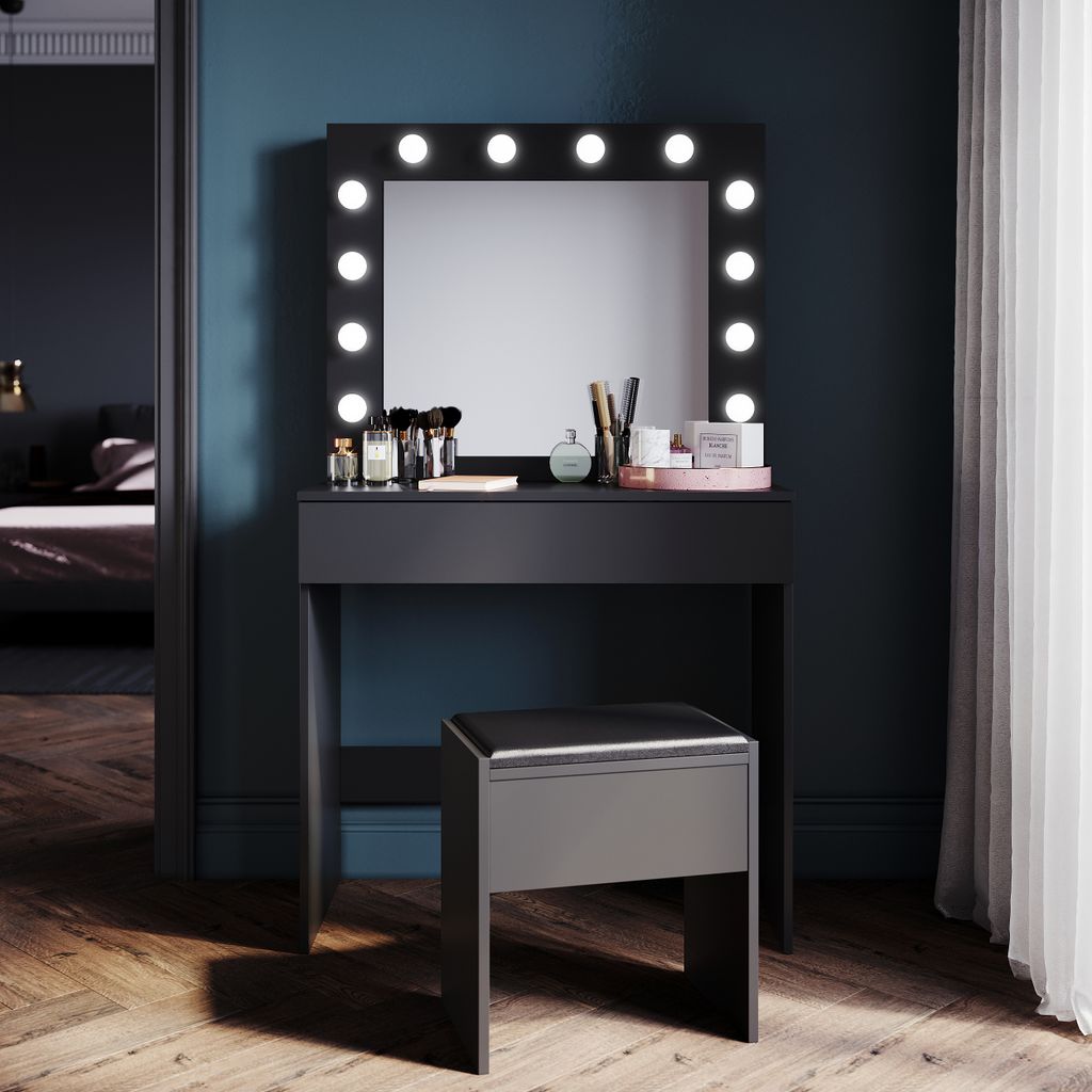 SONNI schwarzer Schminktisch 80x40x140cm LED-Licht-Schminktisch mit einstellbarer Helligkeit mit Spiegel und Schublade