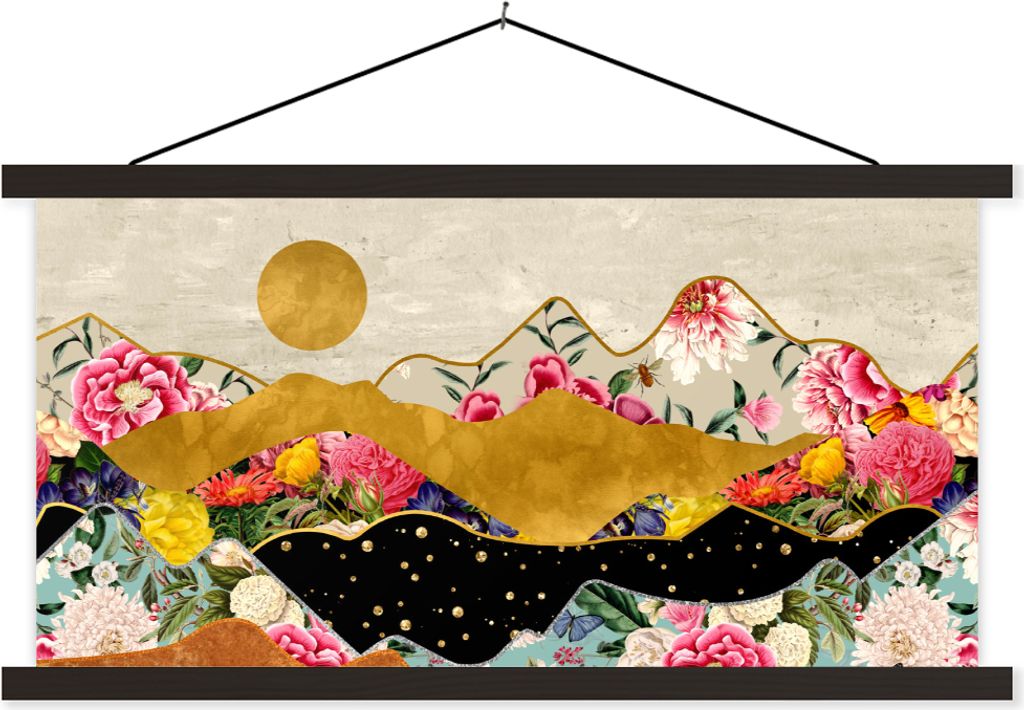 MuchoWow Textilposter Gold - Blumen - Druck - Abstrakt - Landschaft - Muster 120x60 cm mit schwarzem Rahmen - Dekoration Schlafzimmer