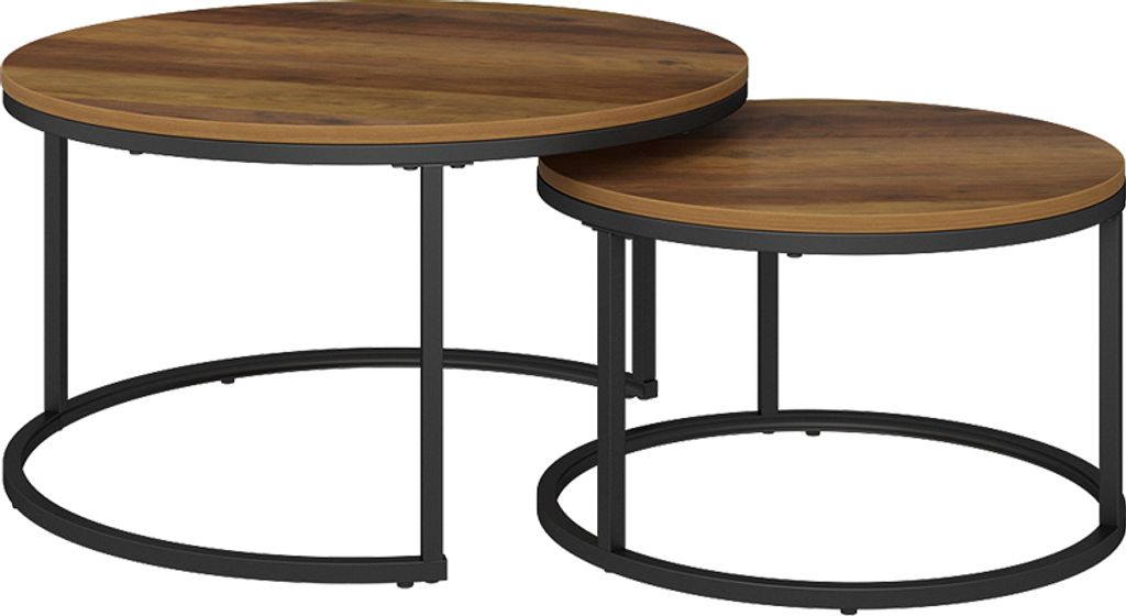 Two nesting coffee tables with round wooden tops and black metal frames are shown against a white background.