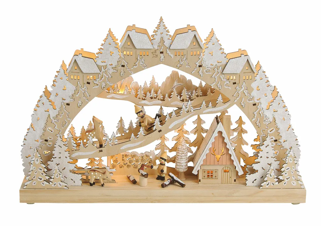Arc de Noël LED pour rebord de fenêtre Ambiance Forêt d'Hiver en bois
